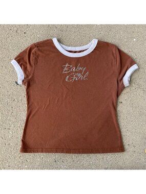 Vintage 90s Baby Girl Rhinestone Brown T Shirt Top M Mallcore Glam Coquette